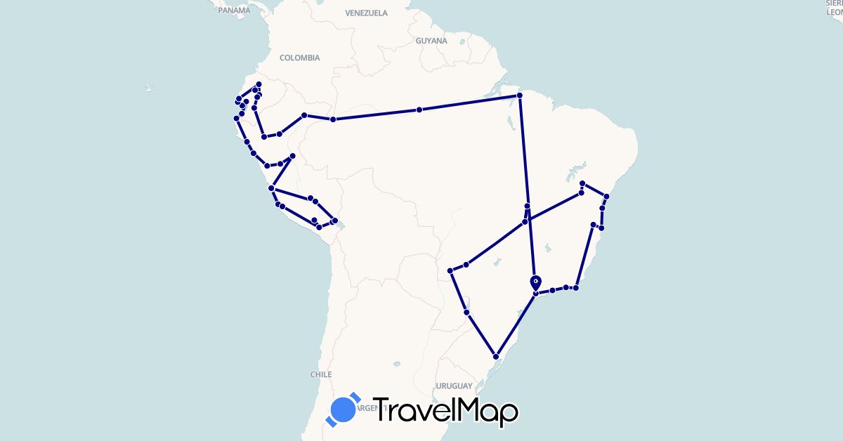 TravelMap itinerary: driving in Argentina, Brazil, Ecuador, Peru (South America)